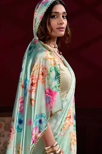 Pista satin silk floral printed with pearl lace saree with unstitched blouse