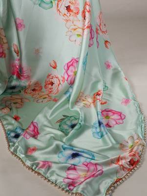 Pista satin silk floral printed with pearl lace saree with unstitched blouse 5