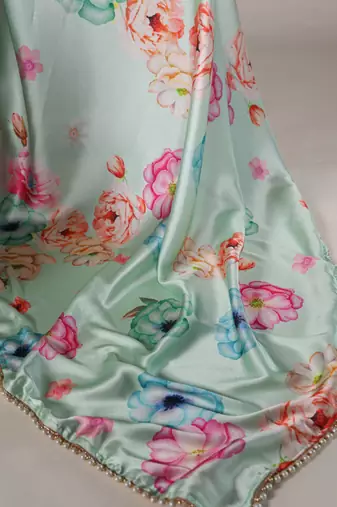 Pista satin silk floral printed with pearl lace saree with unstitched blouse