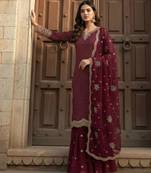 Wine sharara suit with gold zari detail