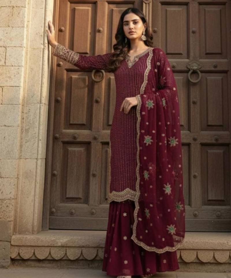 Wine sharara suit with gold zari detail