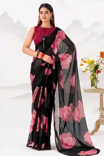 Black floral print with lace border work chiffon saree & unstitched blouse