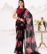 Black floral print with lace border work chiffon saree & unstitched blouse