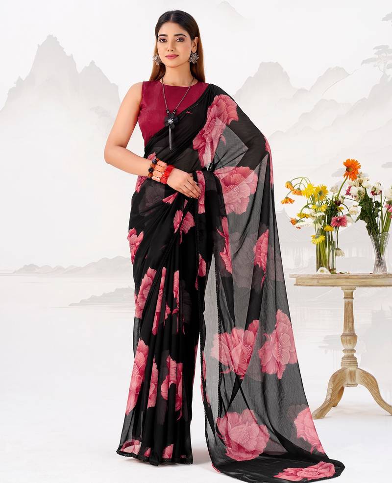 Black floral print with lace border work chiffon saree & unstitched blouse
