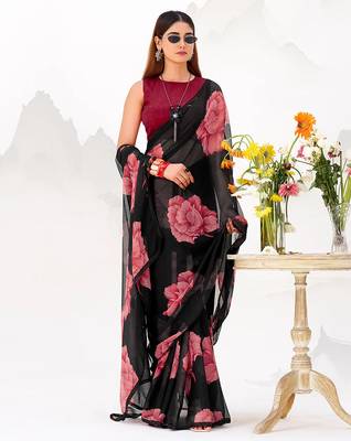 Black floral print with lace border work chiffon saree & unstitched blouse 2