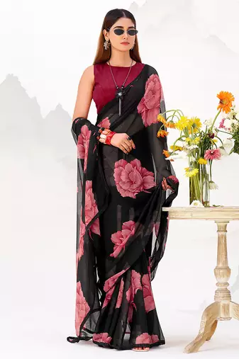 Black floral print with lace border work chiffon saree & unstitched blouse