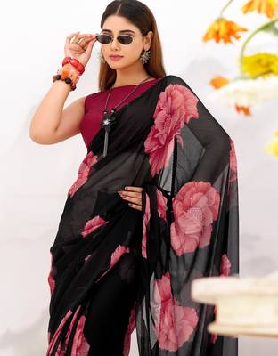 Black floral print with lace border work chiffon saree & unstitched blouse 3