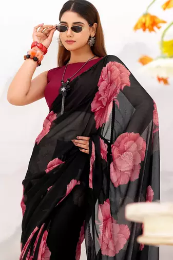Black floral print with lace border work chiffon saree & unstitched blouse