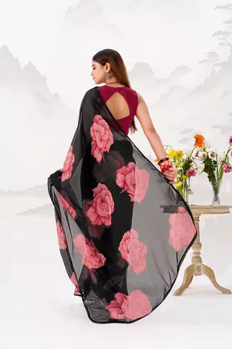 Black floral print with lace border work chiffon saree & unstitched blouse