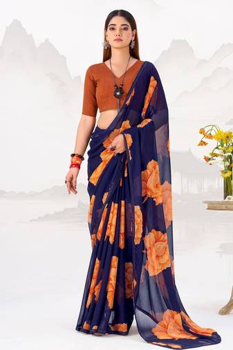 Navy nlue floral print with lace border work chiffon saree & unstitched blouse