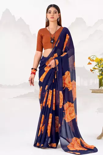 Navy nlue floral print with lace border work chiffon saree & unstitched blouse
