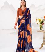 Navy nlue floral print with lace border work chiffon saree & unstitched blouse