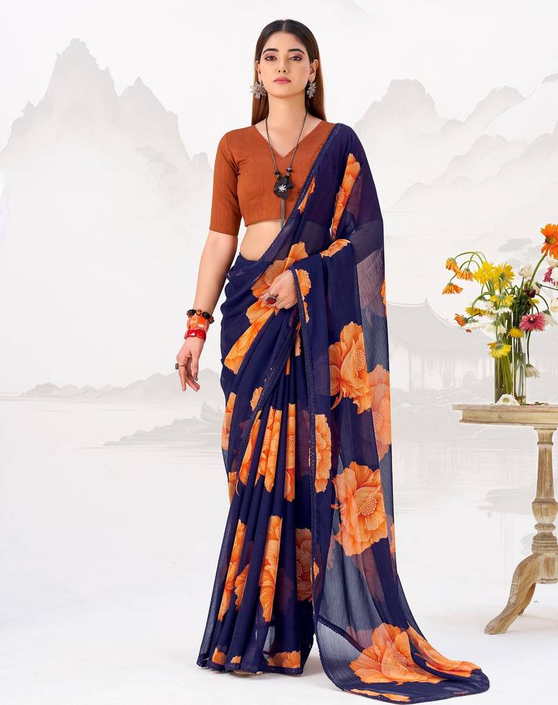 Navy nlue floral print with lace border work chiffon saree & unstitched blouse