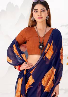 Navy nlue floral print with lace border work chiffon saree & unstitched blouse 2