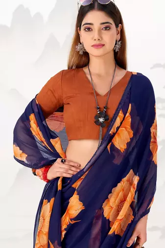 Navy nlue floral print with lace border work chiffon saree & unstitched blouse