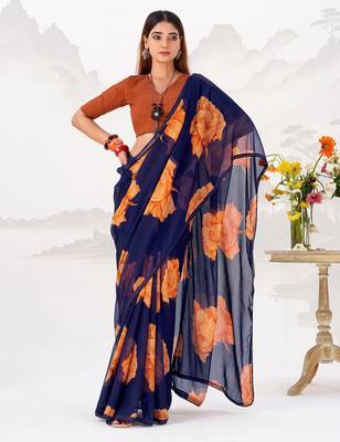 Navy nlue floral print with lace border work chiffon saree & unstitched blouse 3