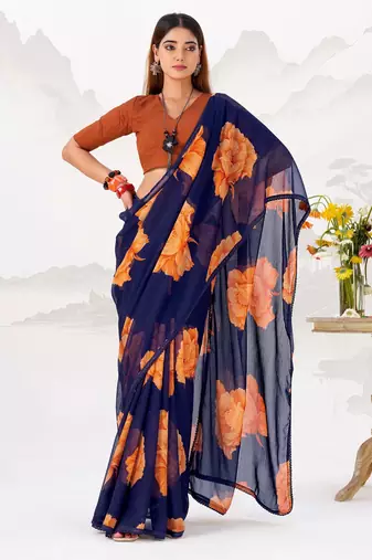 Navy nlue floral print with lace border work chiffon saree & unstitched blouse