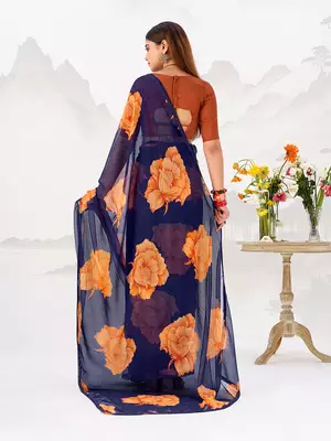 Navy nlue floral print with lace border work chiffon saree & unstitched blouse 4