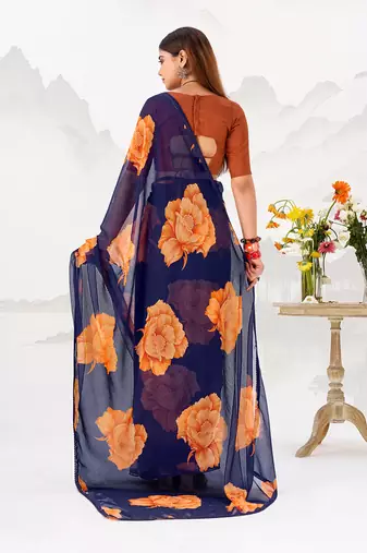 Navy nlue floral print with lace border work chiffon saree & unstitched blouse