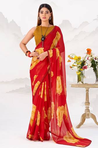 Red floral print with lace border work chiffon saree & unstitched blouse