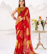 Red floral print with lace border work chiffon saree & unstitched blouse