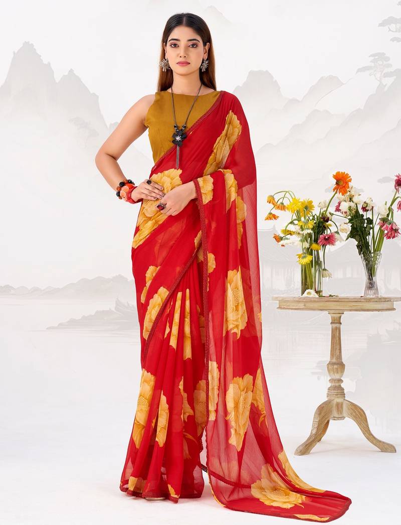 Red floral print with lace border work chiffon saree & unstitched blouse