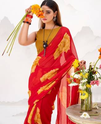 Red floral print with lace border work chiffon saree & unstitched blouse 2