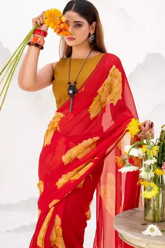 Red floral print with lace border work chiffon saree & unstitched blouse