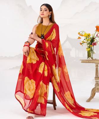 Red floral print with lace border work chiffon saree & unstitched blouse 3