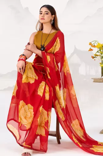 Red floral print with lace border work chiffon saree & unstitched blouse