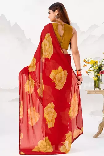 Red floral print with lace border work chiffon saree & unstitched blouse
