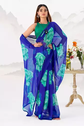 Royal blue floral print with lace border work chiffon saree & unstitched blouse
