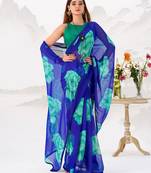 Royal blue floral print with lace border work chiffon saree & unstitched blouse
