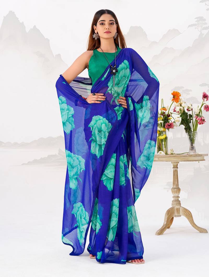 Royal blue floral print with lace border work chiffon saree & unstitched blouse