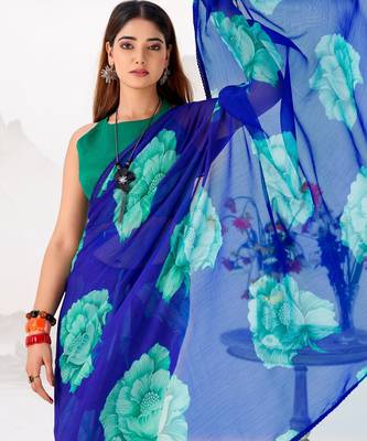 Royal blue floral print with lace border work chiffon saree & unstitched blouse 2