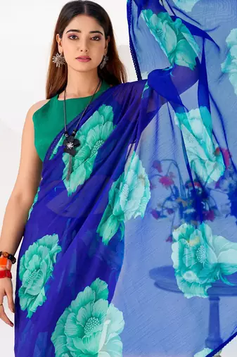 Royal blue floral print with lace border work chiffon saree & unstitched blouse