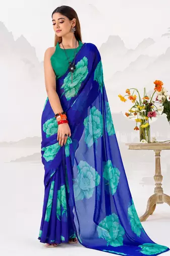 Royal blue floral print with lace border work chiffon saree & unstitched blouse