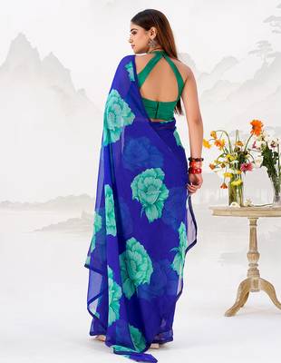 Royal blue floral print with lace border work chiffon saree & unstitched blouse 4
