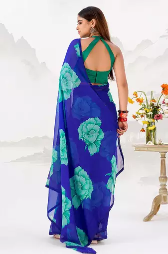 Royal blue floral print with lace border work chiffon saree & unstitched blouse