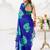 Royal blue floral print with lace border work chiffon saree & unstitched blouse