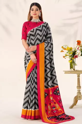 Black tussar silk zigzag waves printed saree with unstitched blouse
