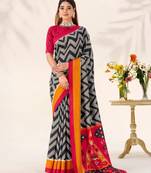 Black tussar silk zigzag waves printed saree with unstitched blouse