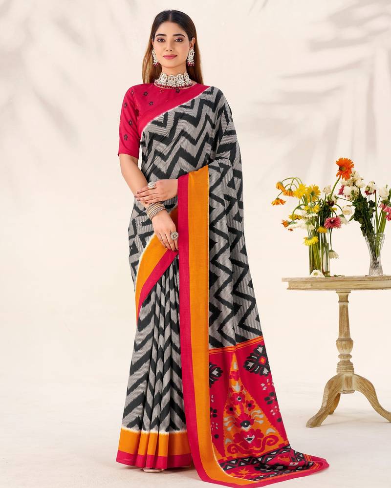 Black tussar silk zigzag waves printed saree with unstitched blouse