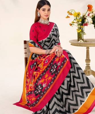 Black tussar silk zigzag waves printed saree with unstitched blouse 2