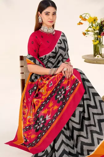 Black tussar silk zigzag waves printed saree with unstitched blouse