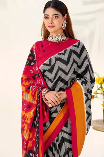 Black tussar silk zigzag waves printed saree with unstitched blouse