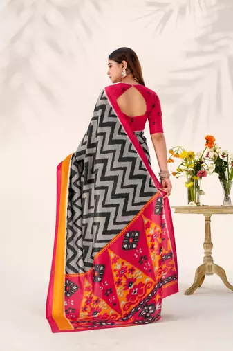 Black tussar silk zigzag waves printed saree with unstitched blouse