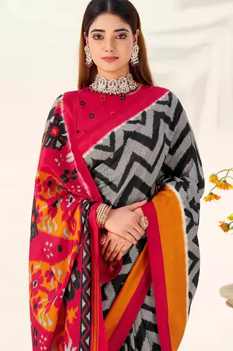 Black tussar silk zigzag waves printed saree with unstitched blouse