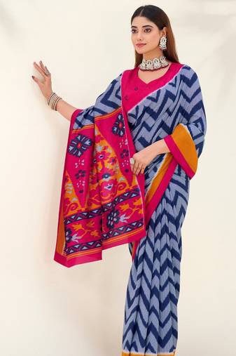 Blue tussar silk zigzag waves printed saree with unstitched blouse
