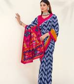Blue tussar silk zigzag waves printed saree with unstitched blouse